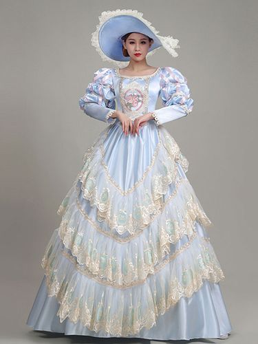 Costumi retrò azzurro cielo Abito con stampa floreale in poliestere di pizzo Costume Marie Antoinette Tunica da donna in stile europeo Abbigliamento v - milanoo.com - Modalova