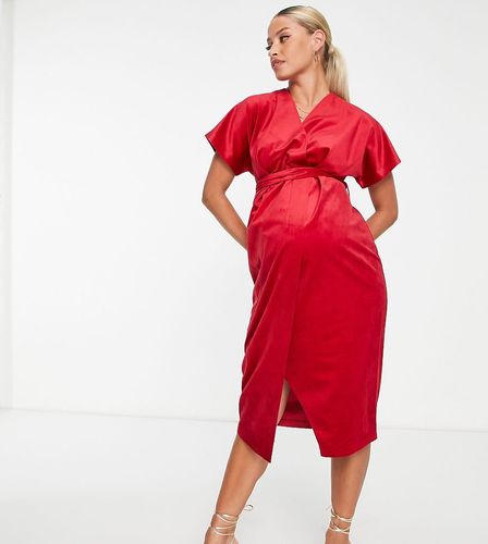 Vestito midi rosso in velluto con maniche a kimono e cintura - Closet London Maternity - Modalova