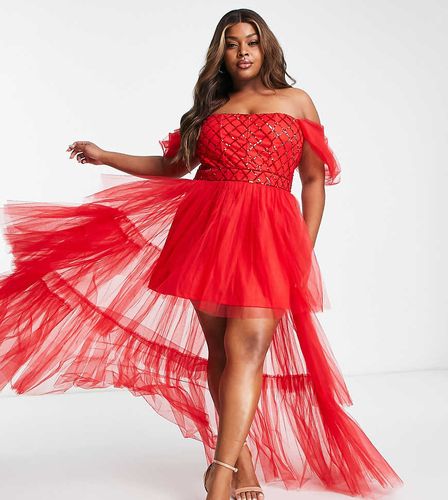 Esclusiva - Vestito lungo alla bardot rosso con paillettes - Lace & Beads Plus - Modalova
