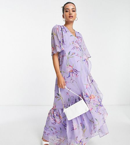 Vestito lungo a portafoglio viola a fiori con maniche con volant-Bianco - Hope & Ivy Maternity - Modalova