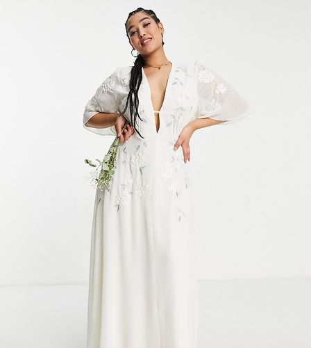 Vestito lungo da sposa ricamato color avorio con scollo profondo-Bianco - Hope & Ivy Plus - Modalova