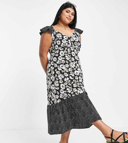 Vestito midi con stampa a fiori mista e maniche con volant-Nero - Influence Plus - Modalova