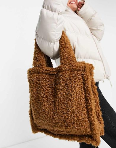 Borsa shopper grande in montone sintetico, color cuoio-Marrone - Jayley - Modalova