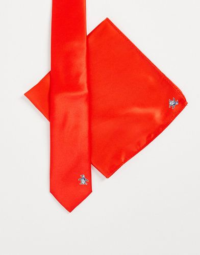 Cravatta tinta unita con fazzoletto da taschino rosso - Original Penguin - Modalova