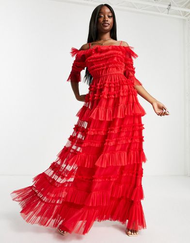 Vestito lungo con scollo Bardot in tulle a balze rosso acceso - Lace & Beads - Modalova