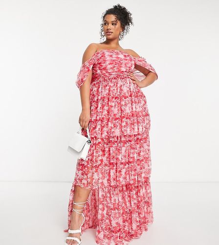 Vestito lungo asimmetrico con spalle scoperte rosa vivo a fiori - Lace & Beads Plus - Modalova