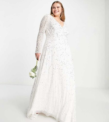 Vestito lungo da sposa con strascico color avorio decorato-Bianco - Lace & Beads Plus - Modalova
