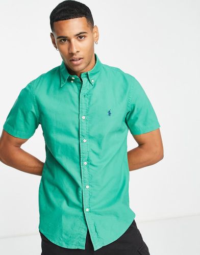Camicia Oxford slim fit a maniche corte verde medio tinta in capo con logo del pony - Polo Ralph Lauren - Modalova