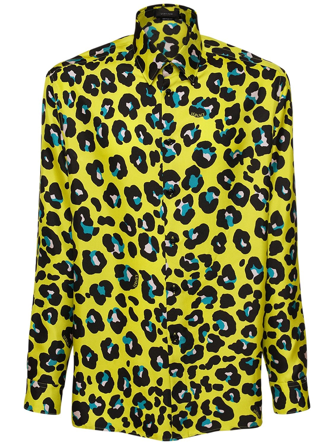Camicia In Twill Di Seta Leopard - VERSACE - Modalova