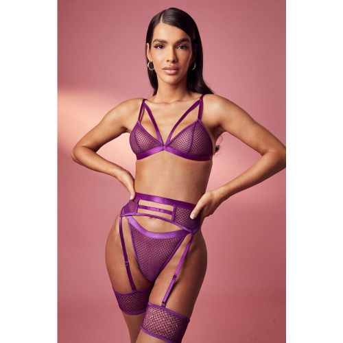Set intimo di S. Valentino perizoma, reggiseno e reggicalze in rete con laccetti - boohoo - Modalova