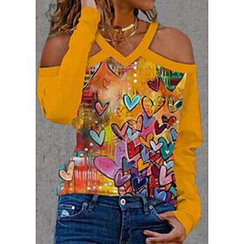 Women's Daily Holiday Valentine's Day T shirt Tee Valentine's Day Couple Long Sleeve Heart V Neck Cut Out Print Basic Tops Pink Yellow S / 3D Print - Ador IT - Modalova