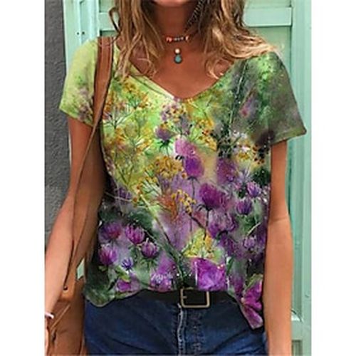 Women's Daily T shirt Tee Floral Short Sleeve Graphic Flower V Neck Print Basic Tops Green White Purple S / 3D Print - Ador IT - Modalova