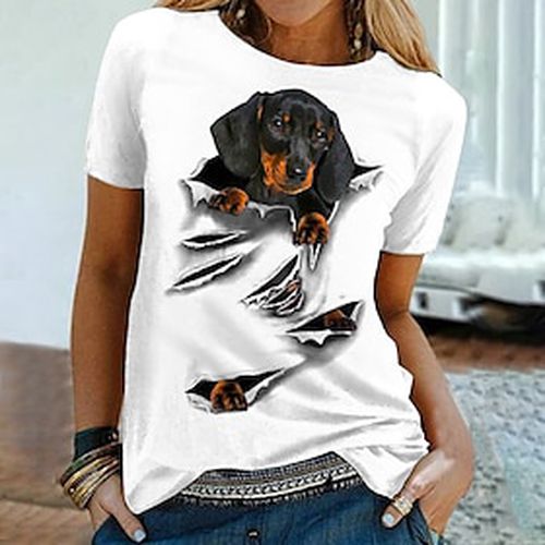 Women's Casual Weekend T shirt Tee Painting Short Sleeve Dog 3D Round Neck Print Basic Tops White Blue Pink S / 3D Print - Ador IT - Modalova