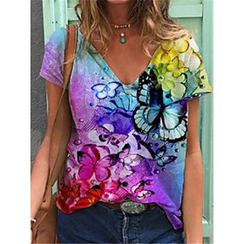 Women's Daily T shirt Tee Butterfly Short Sleeve Floral Butterfly Flower V Neck Print Basic Tops Purple Peach Orange S / 3D Print - Ador IT - Modalova
