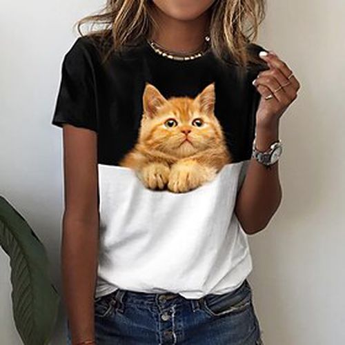 Women's T shirt Tee Black Print Cat 3D Casual Weekend Short Sleeve Round Neck Basic Regular 3D Cat Painting S / 3D Print - Ador IT - Modalova