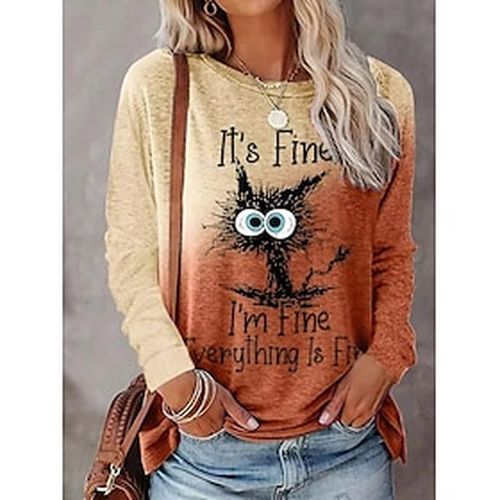 Women's T shirt Tee Maroon Yellow Pink Print Graphic Cat Casual Weekend Long Sleeve Round Neck Cartoon Regular I'm Fine Painting S - Ador IT - Modalova