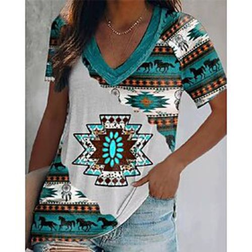 Women's Casual Holiday Weekend T shirt Tee Floral Abstract Painting Short Sleeve Geometric V Neck Print Basic Ethnic Tops Green White Blue S / 3D Print - Ador IT - Modalova