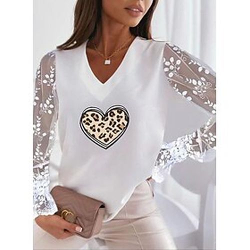 Women's Casual Valentine Weekend T shirt Tee Painting Couple Long Sleeve Heart Leopard V Neck Patchwork Print Basic Tops White Pink Yellow S - Ador IT - Modalova