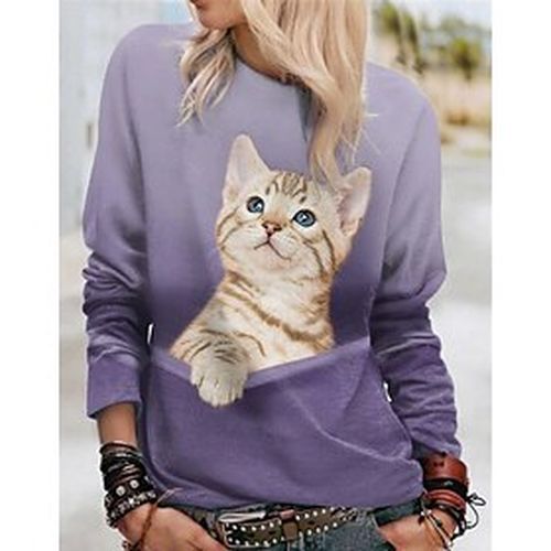 Women's Sweatshirt Pullover Basic Pink Blue Purple Cat Street Long Sleeve Round Neck - Ador IT - Modalova