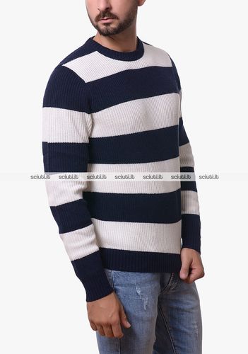 Maglione uomo blu scuro a righe misto lana - SUN68 - Modalova